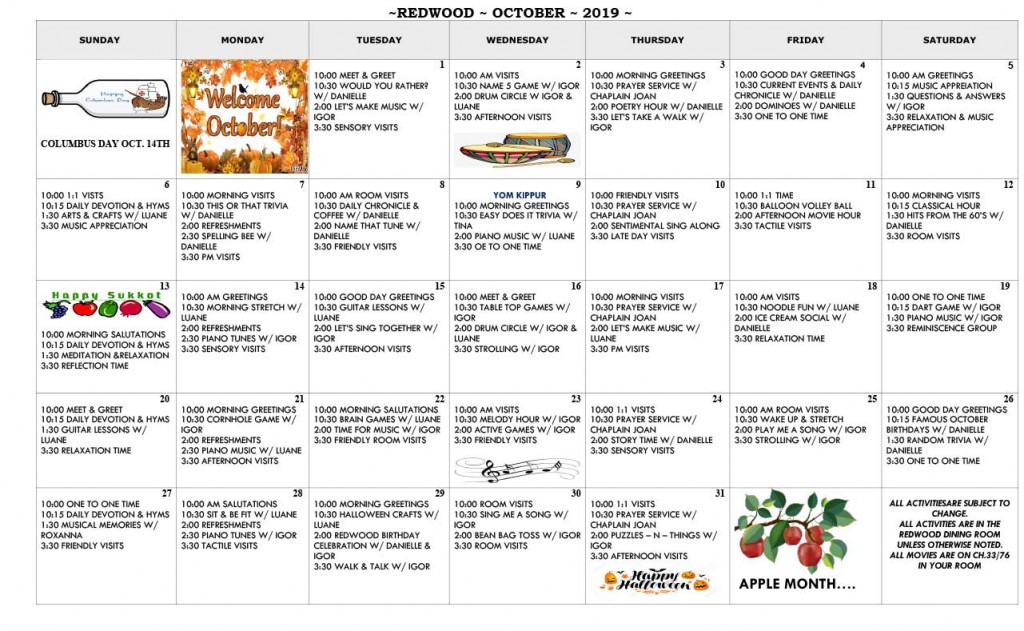 Calendars October 2019 Greenwich Woods